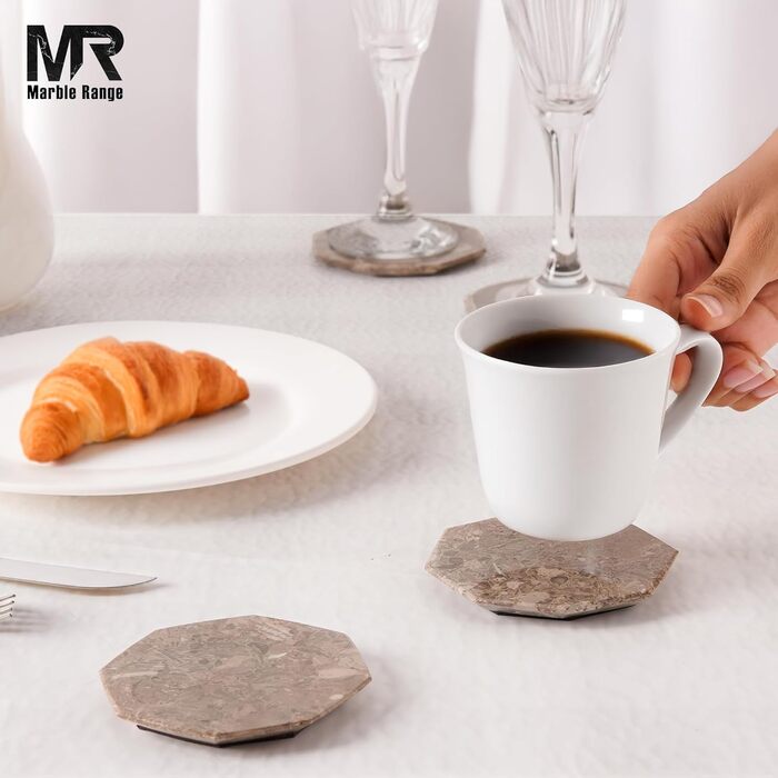 Підставки під чашки з мармуру з підставкою, 8.9 см, з оніксу, ручної роботи, для офісу, напоїв, кави та бару, на обідній стіл, набір з 6 шт. (Океанічний стиль)