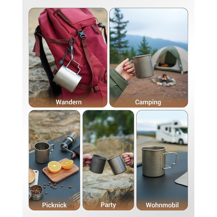 Туристическая кружка из титана с крышкой и складной ручкой 450 мл COOK'N'ESCAPE