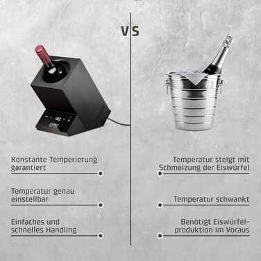 Охолоджувач для вина, розрахований на одну пляшку, з температурним режимом 5-18C, для пляшок діаметром до 9 см, сенсорне керування, корпус з нержавіючої сталі чорного кольору.