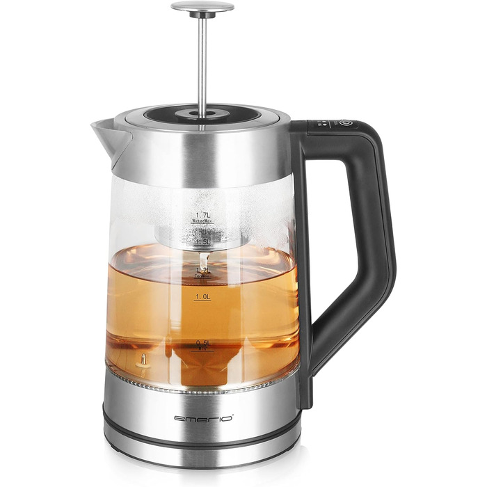 Скляний чайник Emerio WK-122248 ПЕРЕМОЖЕЦЬ ТЕСТІВ з повністю автоматичним чайним ситечком 1.3 класу, боросилікатне скло, без BPA, об&39єм 1.7 л, вибір температури, 2200 Вт, чорний/срібний (ручний)
