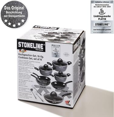Набір керамічних горщиків STONELINE з 6 предметів, 18/20/24 см, з кришкою, антипригарний, без PFAS, для індукційних плит усіх типів з керамічним покриттям та справжніми кам&39яними частинками, набір посуду (сірий, 16 предметів)