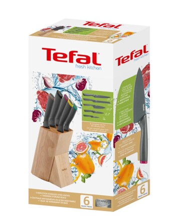 Tefal Набір ножів Fresh Kitchen, дерев'яна колода, 5шт, нержавіюча сталь, пластик, дерево, чорний