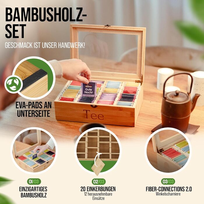 Чайна скринька преміум-класу NATURSCHMIED з вишневого дерева з 20 гнучкими відділеннями та оглядовим віконцем, (22,5 x 31 x 10 см) - посилені петлі міцна застібка - Елегантне сховище для чаю для справжніх любителів чаю (бамбук рівня А)