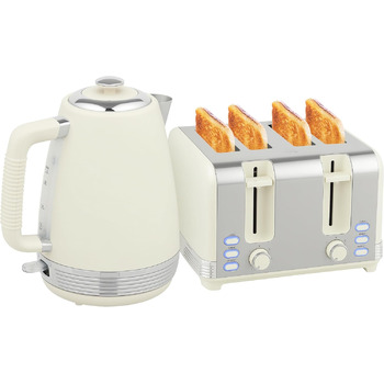 Набір тостерів HOMCOM Kettle, набір для сніданку з нержавіючої сталі з тостером на 4 скибочки, чайник 1,7 л, 2200 Вт, 7 рівнів підрум&39янення, піддон для крихт, розморожування, розігрівання та термостат Strix, вершки