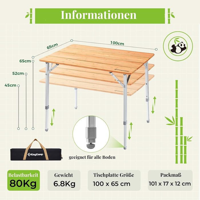 Складний бамбуковий стіл для кемпінгу 100 x 65 см KingCamp