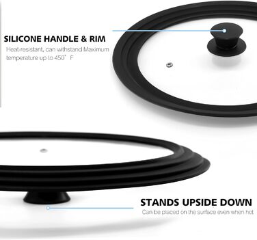 Силіконова універсальна кришка Anaeat для каструль, сковорідок та пателень загартоване скло з термостійким силіконовим обідком, підходить для посуду діаметром змінна кришка (2 чорні ручки)