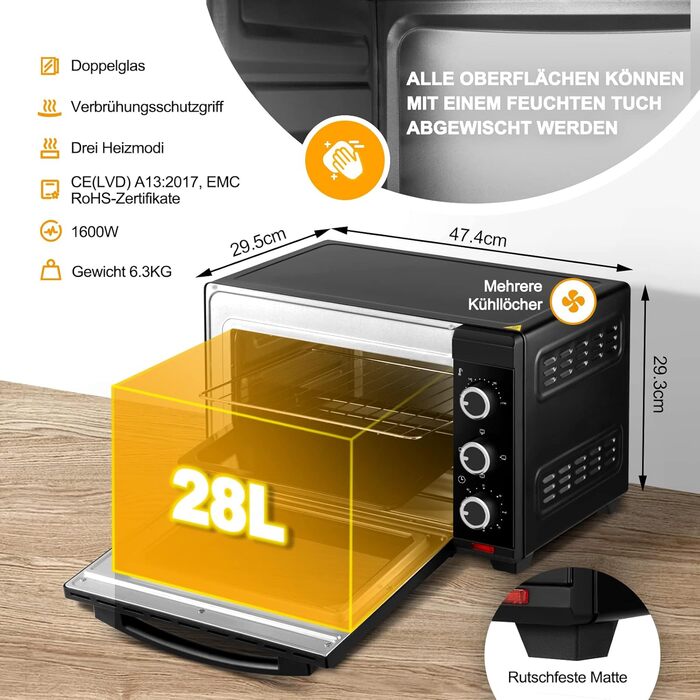 Міні-піч WOLTU 28 л, піч для піци 1600 Вт, 100-230 C, таймер 0-60 хв, 3 режими нагріву, включаючи деко, решітку для гриля, піддон для крихт, підйомник решітки, міні-піч для випікання, запікання, розморожування, нагрівання, чорний колір