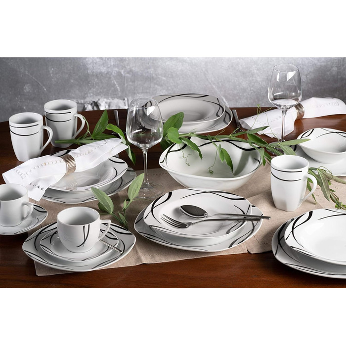Серія Осло, набір тарілок з 12 предметів на 6 осіб з порцеляни, столовий сервіз класичний, позачасовий, елегантний, чорно-білий (набір кавових кухлів з 6 шт. ), 920673
