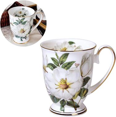 Набір із 2 порцелянових кавових кухлів, квітковий візерунок, чашки у формі кістки, китайський стиль, 300 мл, з ручкою для кави, чаю, молока, капучино (B)