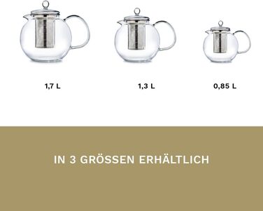 Стеклянный чайник Creano 1,3 л, стеклянный чайник из 3 частей со встроенным ситечком из нержавеющей стали и стеклянной крышкой, идеально подходит для приготовления чая на разлив, без капель, все в одном (1,7 л)