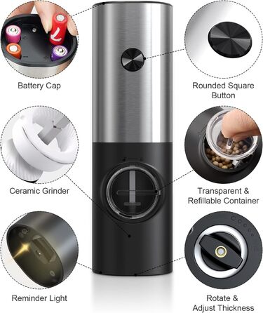 Набір із 2 електричних млинів солі та перцю на підставці, сріблястий/чорний Cokunst