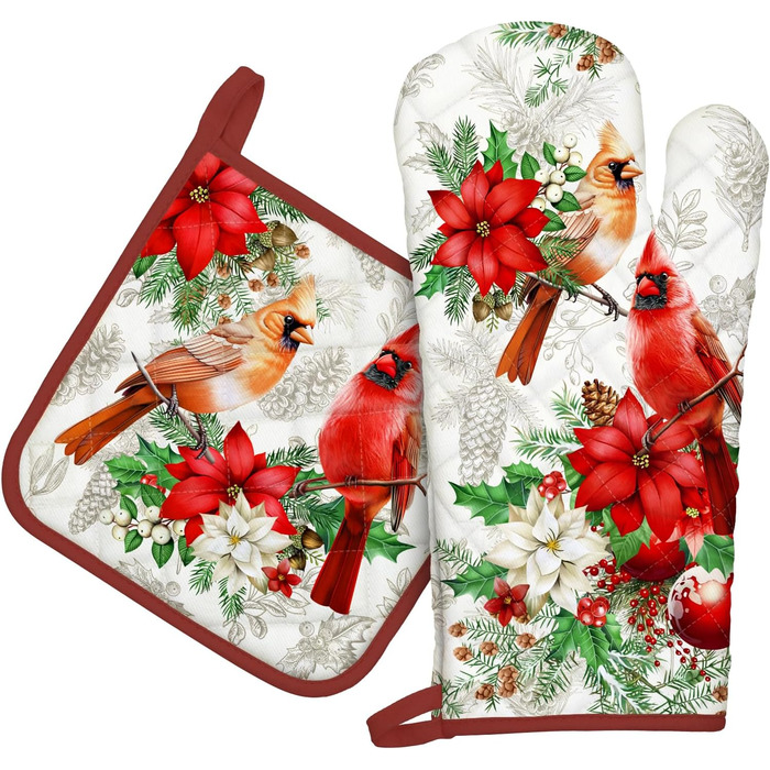 Набір з 2 кухонних рукавичок та тримача для каструлі Arquiel Gnome Autumn Orange Checked, 100 бавовняні кулінарні рукавички, термостійкі кухонні рукавички для приготування їжі, осінній декор, подарунки для жінок (різдвяна червона пташка, духовка тримач дл