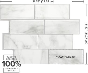 Наклейки для плитки, що самоклеяться - Набір з 5 аркушів 29,36 см x 21,29 см - 3D самоклеючі ПВХ наклейки для плитки та фартуха для кухні, ванної кімнати та стін, кольорова та водонепроникна плитка (білий мармур Carrera)