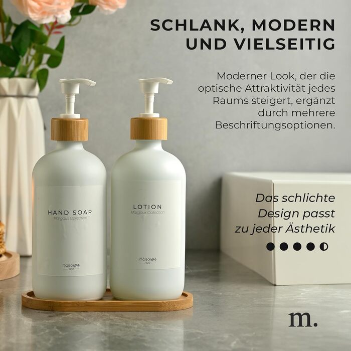 Диспенсер для мила 500 мл, набір 2 предмети на бамбуковій підставці, біле скло MaisoNovo