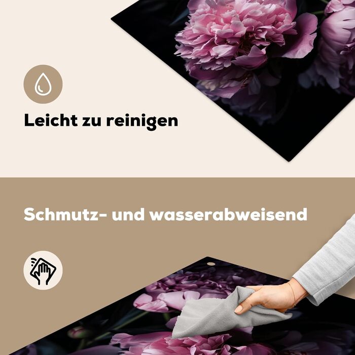 Фартух для плити, кухонний фартух, вініл, 78x52 см, декор для кухні, облицювання стіни, кришка для плити - сіро-чорна (квіти - рожеві, 52Д x 65Ш см)