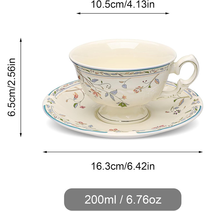Набір чашок та блюдець Fanquare з вінтажним квітковим візерунком, кістяний фарфор, для еспресо, капучино та кави, з блюдцем та ложкою, подарунок для вечірки (синій)