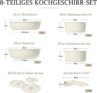 Набір кухонного посуду зі скляними кришками та знімною ручкою,  8 предметів, білі Carote