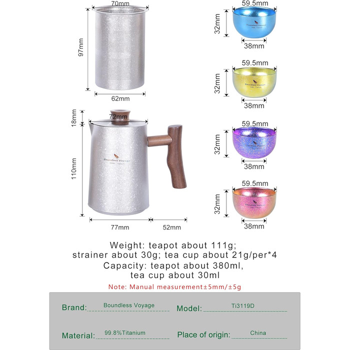 Мл Титанові чайники Набір чашок із заваркою для розсипного чаю Легкий чайник Відкритий кемпінг Дорожній чайник Чайний сервіз Пікнік Піші прогулянки Сад Офіс Домашній чайний посуд для 4 осіб Ti3117D (Ti3119d-380 мл Срібний титановий кришталевий чайник із н