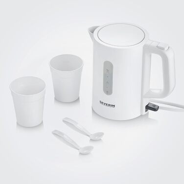 Набір дорожніх чайників SEVERIN, міні-дорожній чайник на 0,5 л, електричний чайник з 2 пластиковими чашками та 2 ложками, матова нержавіюча сталь/чорний, WK 3647 (білий)
