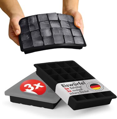 Силиконовые формочки для льда на 24 кубика L с крышкой, набор 3 предмета, черный Blumtal