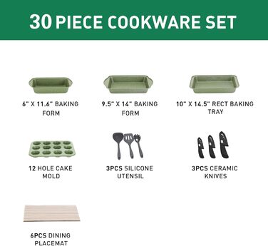 Набір кухонного посуду, 30 предметів, зелений Kitchen Academy