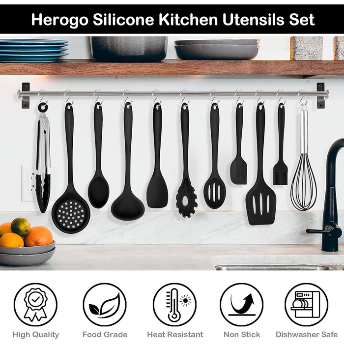 Набір силіконових кухонних гаджетів Herogo, кухонне приладдя з тримачем на 30 предметів, термостійкий набір кухонних інструментів для сковорідок з антипригарним покриттям, лопатки, щипці 10 гачків, можна мити в посудомийній машині - чорний
