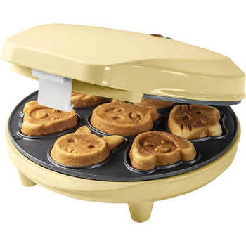 Вафельница Bestron для мини-печеньницы с животными мотивами, вафельница для вафельного печенья, с лампой для выпечки и антипригарным покрытием, 700 Вт, цвет (желтый)