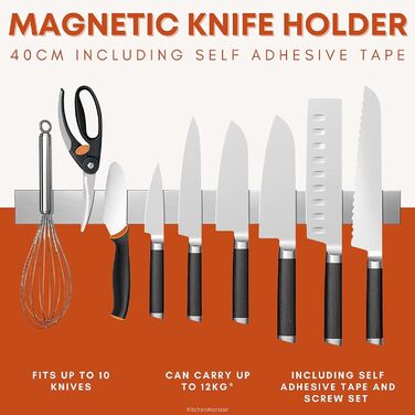 Нож с магнитной полосой 40 см - Держатель для ножей Магнитная лента включает в себя ленту (3M) и винтовое крепление - Knife Block Магнитный держатель для ножей Блок для ножей черный (серебристый)
