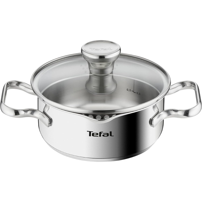 Каструля Tefal Duetto A70542 виготовлена з високоякісної нержавіючої сталі 18/10, градуйована, з кришкою, підходить для всіх типів плит, включаючи індукційні (16 см)