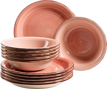 Набір тарілок на 6 осіб у сучасному вінтажному вигляді, столовий сервіз із 12 предметів, ручний розпис, керамограніт (рожевий)