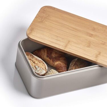 Хлібниця Zeller 25377 з бамбуковою кришкою, метал, матова, приблизно 42,5 x 23 x 13 см, хлібниця з вентиляційними отворами, для зберігання хліба, прямокутний контейнер для хліба, проста хлібниця в сучасному дизайні (сіро-коричневий, 42,5 x 23 x 13 см)