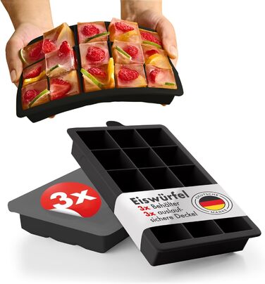 Силиконовые формочки для льда на 15 кубика XL с крышкой, набор 3 предмета, черный Blumtal