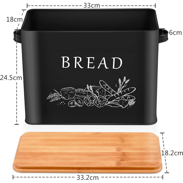 Хлібниця Herogo, металева хлібниця з дерев'яною кришкою для різання хлібної дошки, дуже велика хлібниця для великого буханця хліба, компактне зберігання хліба для кухонної стільниці, 33 x 18 x 24,5 см (чорний)