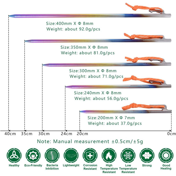 Кілочки з титанового сплаву 7 мм Надміцні цвяхи для намету Барвисті шліфовані цвяхи Міцні кемпові шпильки Садові кілки Кілочки для кемпінгу Тент Туристичний брезент 20 см / 24 см / 30 см / 35 см / 40 см 6 / 8 шт. / лот Ti4013P (40 см 6 шт. / лот Ti4013P40