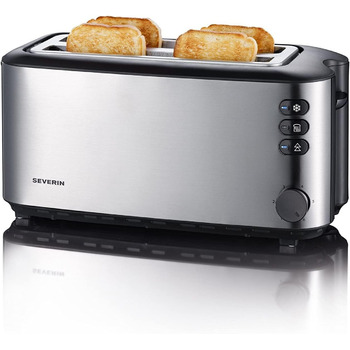 Автоматичний тостер SEVERIN з довгим слотом, тостер з насадкою для булочки, високоякісний тостер з нержавіючої сталі з великими камерами для обсмажування та потужністю 1400 Вт, матова нержавіюча сталь/чорний, AT 2509