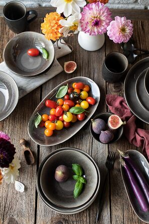 Сучасний набір тарілок для 4 осіб у захоплюючому вінтажному образі, набір тарілок із 3 предметів зі спеціальною комбінацією глазурі чорного та коричневого кольорів, керамограніт, 934070 Series Niara Organic
