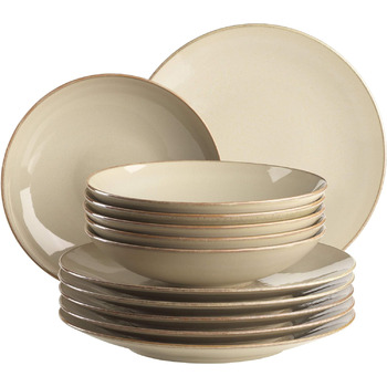 Набор тарелок Ossia серии MSER 931946 на 6 персон в средиземноморском винтажном стиле, современный столовый сервиз из 12 предметов с суповыми тарелками и обеденными тарелками, керамогранит (серый песок)