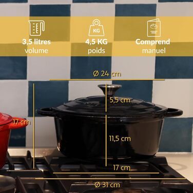 Чавунна жаровня 3,5 л з кришкою 24 см, чорна Chefarone