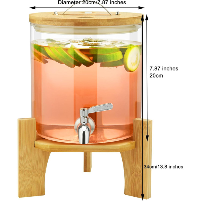 Стеклянный диспенсер для напитков 5 л с бамбуковой крышкой и подставкой Hisredsun