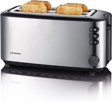 Автоматический тостер SEVERIN с длинными щелями, тостер с насадкой для булочки, высококачественный тостер из нержавеющей стали с большими камерами для запекания и мощностью 1400 Вт, матовая нержавеющая сталь/черный, AT 2509