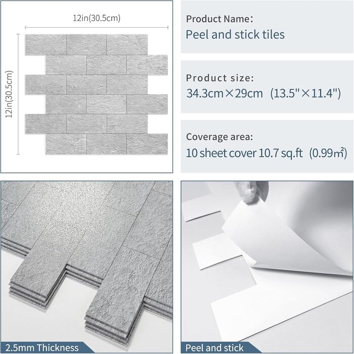 Штучна настінна плитка, самоклеюча панель для кухонного фартуха, тверда ПВХ плитка, клейка плитка для кухні та ванної кімнати (34 x 29 см) (20, сірий сланець)