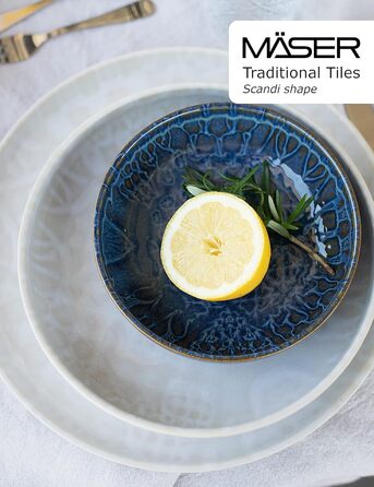 Сучасний вінтажний набір посуду на 2 персони в мавританському дизайні, столовий сервіз з 8 предметів з тарілками та мисками з високоякісної кераміки, керамограніту (скандинавської форми, білий), 935079 Series Tiles