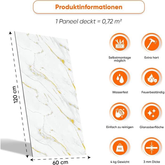 Стінові панелі IZODEKOR під мармур 60x120 см Фартух для кухні ПВХ-облицювання стін для кухні, ванної кімнати Бризкозахисний екран для кухні Водонепроникний та термостійкий (4 панелі, Golden Harmony)