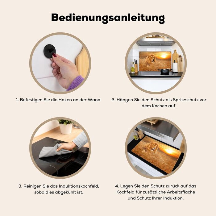 Фартух для плити, кухонний фартух, вініл, 78x52 см, декор для кухні, облицювання стіни, кришка для плити - сіро-чорна (Лев - Захід сонця, 52,7Д x 91,6Ш см)