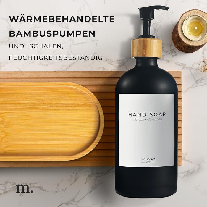 Диспенсер для мила 500 мл, набір 2 предмети на бамбуковій підставці, чорне скло MaisoNovo