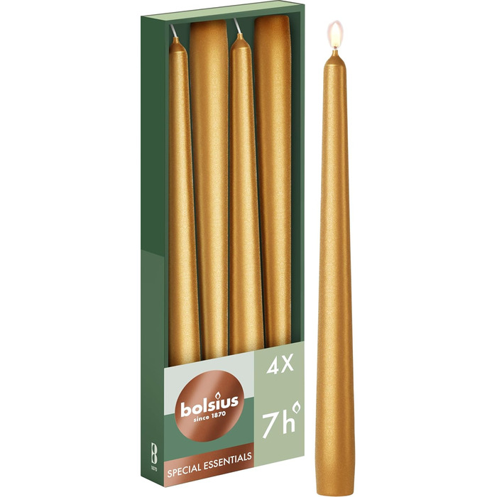 Свічки Bolsius Smooth Taper - Зелені - Набір з 4 шт. у коробці - Декоративні побутові свічки - Час горіння 7 годин - Без запаху - Натуральний рослинний віск - Без пальмової олії - 24,5 см Зелені, 4 шт. и (Металеве золото, 4 шт. и)