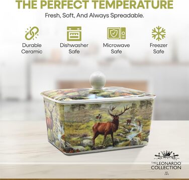 Маслянка з кришкою, китайська кераміка, з гарними акварельними мотивами, дизайн якої розроблено галереєю Дженніфер Роуз для Busy Bees (біла з ілюстрацією оленя натурального кольору)