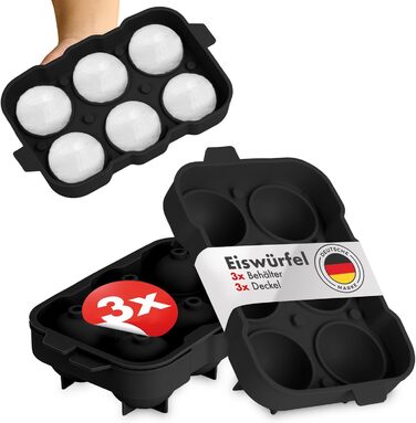 Силиконовые формочки для льда на 6 шариков XXL с крышкой, набор 3 предмета, черный Blumtal