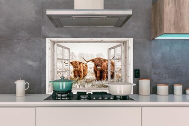 Панель кухонного фартуха, бризкозахисна панель, декор для кухні, алюмінієва панель, бризкозахисна панель для плити, альтернатива скляній панелі, чорна - з малюнком - суцільна - чорна - темна - (вид з вікна на шотландську високогірну худобу, 100x65 см)