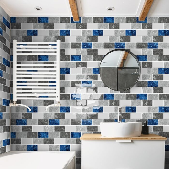 Мозаїчна плитка DEWOO 3D, наклейки на стіну, клейка плитка Metro, самоклеюча імітація плитки для кухні та ванної кімнати - штука, (30,5 x 30,5 см) (10, мармурово-синій)